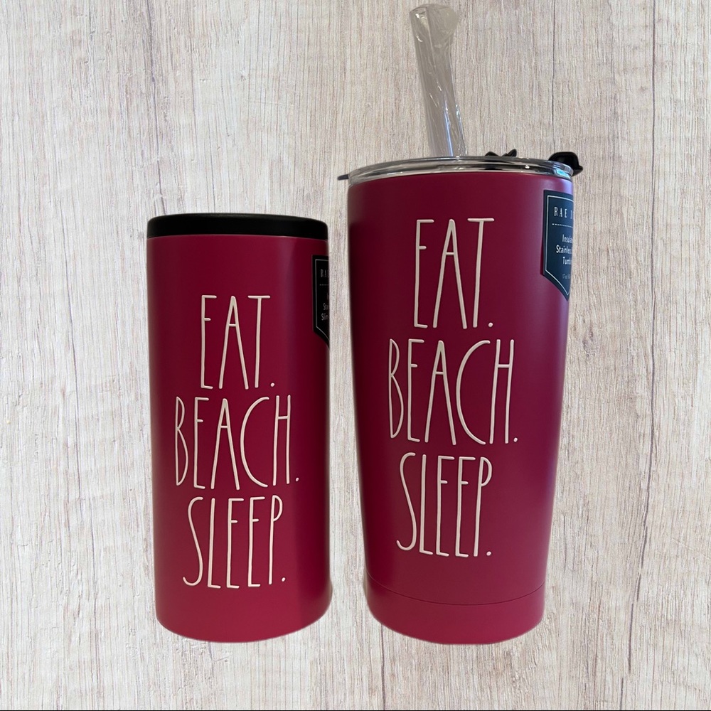 Set of 2 Rae Dunn EAT BEACH SLEEP Tumbler 17 oz. & Slim-Can Cooler 12 oz NWT